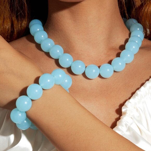 Women's Light Blue Handmade Chunky Beaded Large Round Beads Bracelet Necklace - Picture 3 of 6